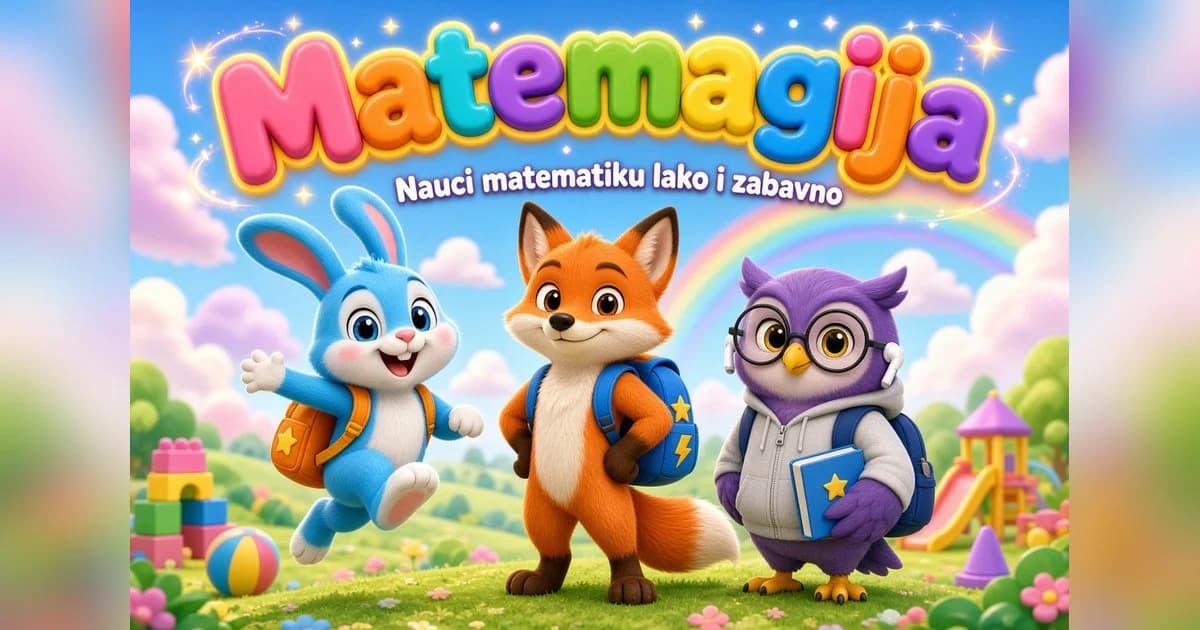 The MateMAGIJA cover: the colourful name, and a bunny, a fox and an owl with backpacks under a rainbow
