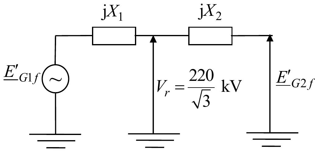 Svedena šema: E′_G1f preko jX_1 do napona V_r = 220/√3 kV, od njega jX_2 do E′_G2f.