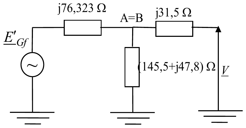 Ista šema sa brojevima: j76,323 Ω do tačke A = B, iz nje (145,5 + j47,8) Ω na zemlju i j31,5 Ω do napona V.