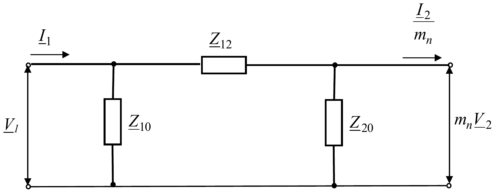 π-šema: na ulazu napon V_1 i struja I_1, otočna impedansa Z_10, redna impedansa Z_12, otočna impedansa Z_20, na izlazu napon m_nV_2 i struja I_2/m_n.