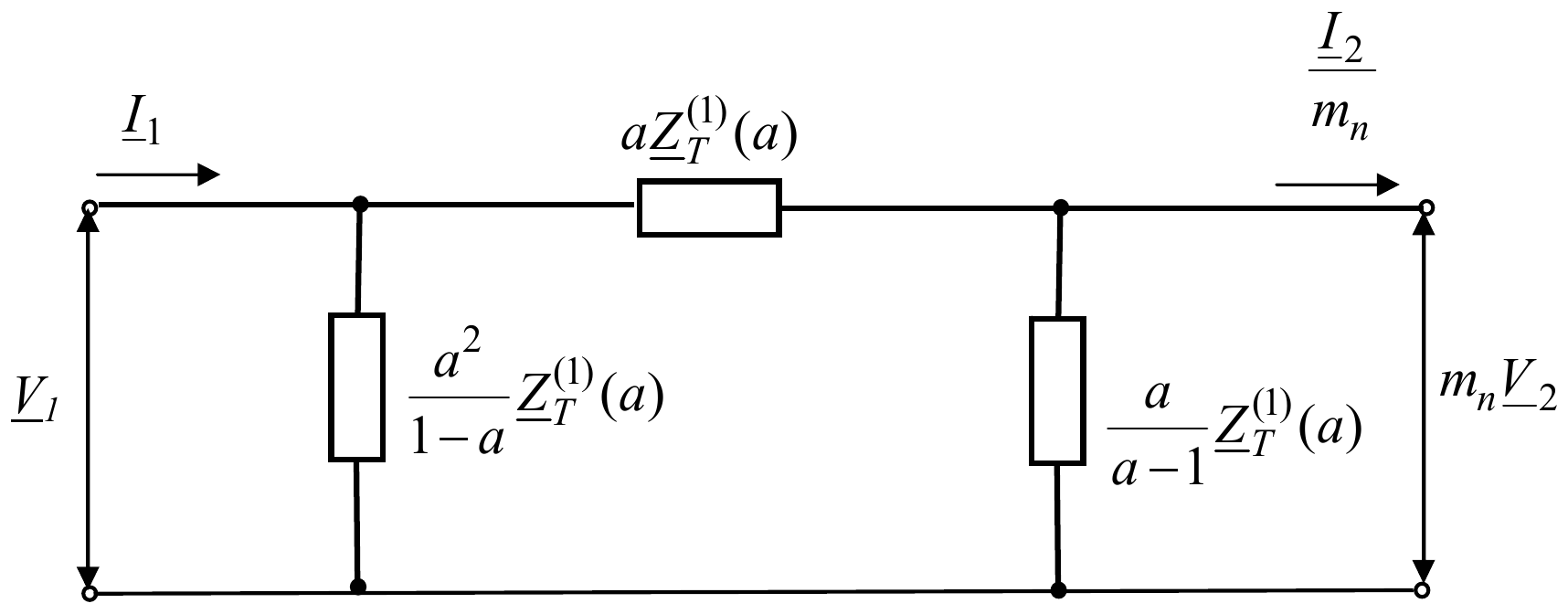 π-šema dvonamotajnog regulacionog transformatora: na ulazu V_1 i I_1, otočna impedansa a²/(1 − a)·Z_T^(1)(a), redna aZ_T^(1)(a), otočna a/(a − 1)·Z_T^(1)(a), na izlazu m_nV_2 i I_2/m_n.