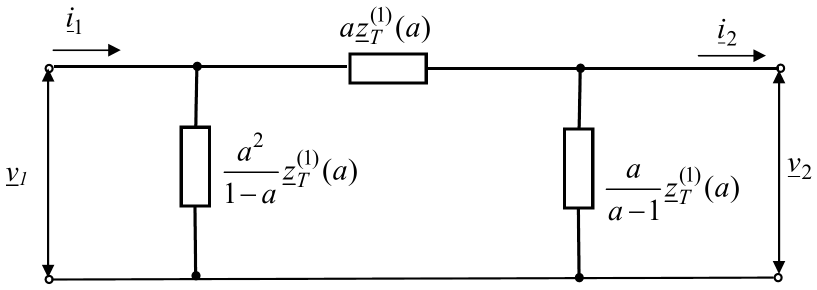 Ista π-šema u relativnim jedinicama: na ulazu v_1 i i_1, otočna impedansa a²/(1 − a)·z_T^(1)(a), redna az_T^(1)(a), otočna a/(a − 1)·z_T^(1)(a), na izlazu v_2 i i_2.