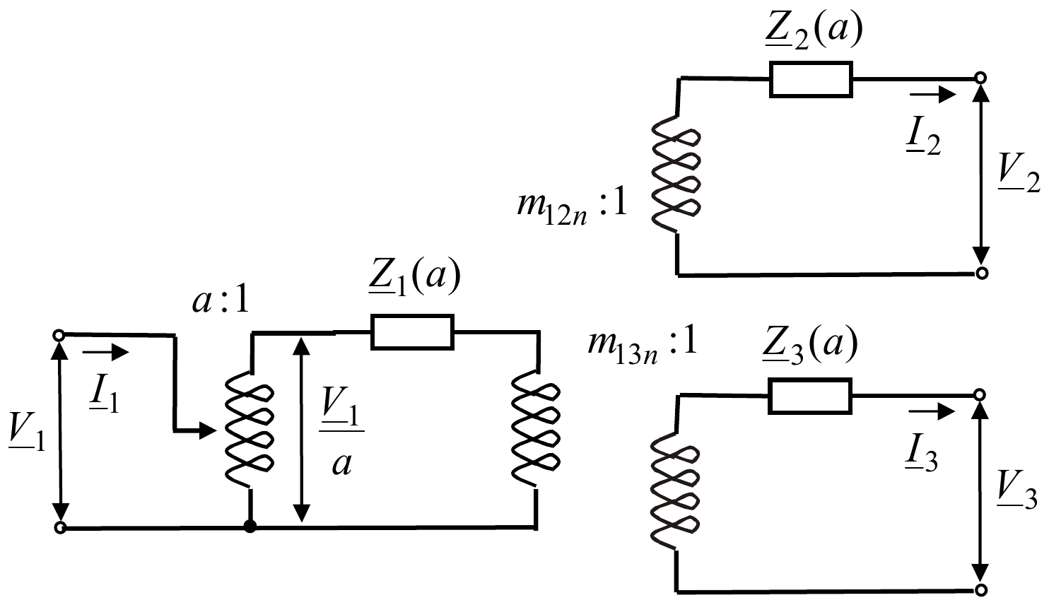 Idealni autotransformator a:1 sa naponom V_1 i strujom I_1 na ulazu i naponom V_1/a na izlazu, impedansa Z_1(a), pa dva idealna transformatora: m_12n:1 sa impedansom Z_2(a), naponom V_2 i strujom I_2, i m_13n:1 sa impedansom Z_3(a), naponom V_3 i strujom I_3.