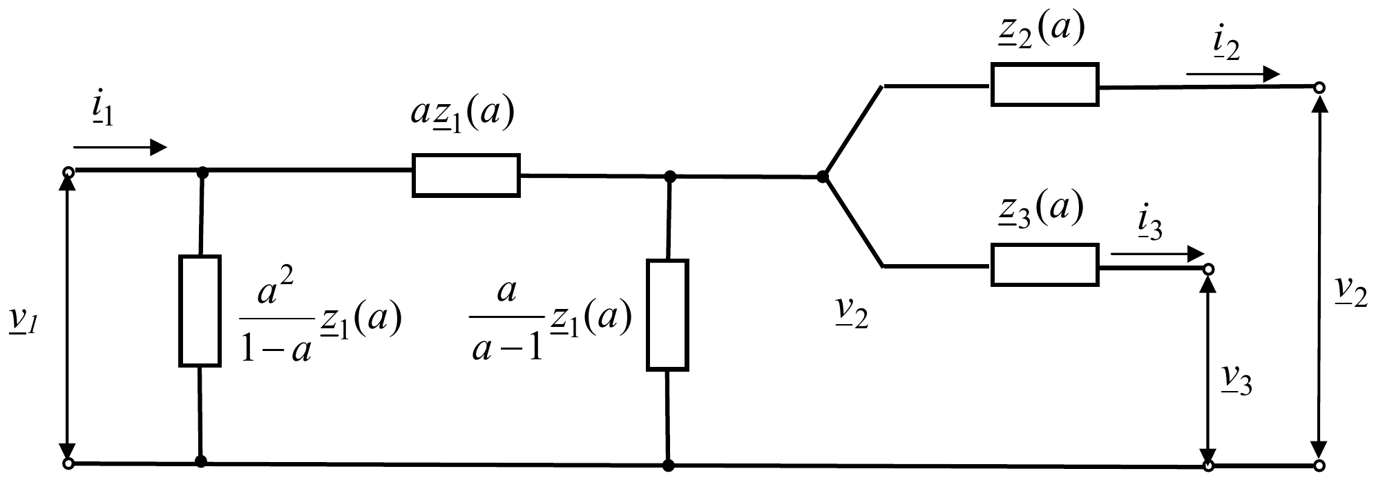 π-šema tronamotajnog transformatora u relativnim jedinicama: na ulazu v_1 i i_1, otočna impedansa a²/(1 − a)·z_1(a), redna az_1(a), otočna a/(a − 1)·z_1(a) na čvoru napona v_2, odakle se granaju impedansa z_2(a) ka naponu v_2 i struji i_2 i impedansa z_3(a) ka naponu v_3 i struji i_3.
