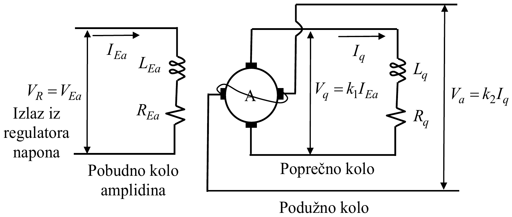 Pobudno kolo amplidina, sa otpornošću R_Ea i induktivnošću L_Ea, napaja izlaz iz regulatora napona V_R = V_Ea strujom I_Ea; amplidin A daje u poprečnom kolu, otpornosti R_q i induktivnosti L_q, napon V_q = k_1 I_Ea i struju I_q, a u podužnom kolu napon V_a = k_2 I_q.