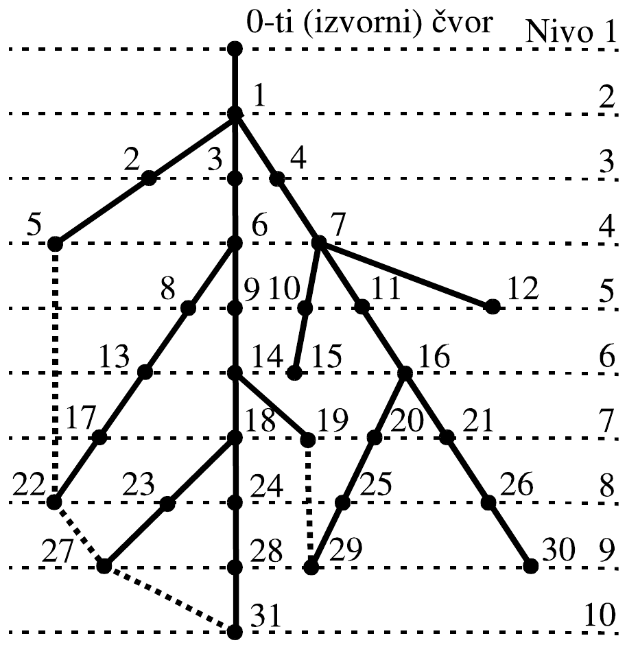 Radijalna mreža od 0-tog (izvornog) čvora, čvorovi 1 do 31 numerisani po nivoima 1 do 10 (isprekidane horizontalne linije); isprekidanim linijama su ucrtane grane koje zatvaraju petlje (5–22, 22–27–31, 19–29)