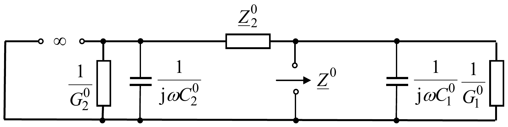 Zamenska šema nultog redosleda mreže sa izolovanim zvezdištem: na strani transformatora prekid (beskonačna impedansa), otočne grane 1/G2^0 i 1/jωC2^0, impedansa Z2^0, mesto kvara sa kog se vidi Z^0 i otočne grane 1/jωC1^0 i 1/G1^0.