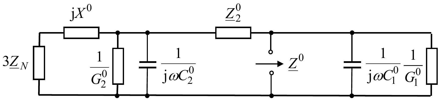Zamenska šema nultog redosleda sa zvezdištem uzemljenim preko impedanse: 3Z_N na početku, pa reaktansa jX^0, otočne grane 1/G2^0 i 1/jωC2^0, impedansa Z2^0, mesto kvara sa kog se vidi Z^0 i otočne grane 1/jωC1^0 i 1/G1^0.