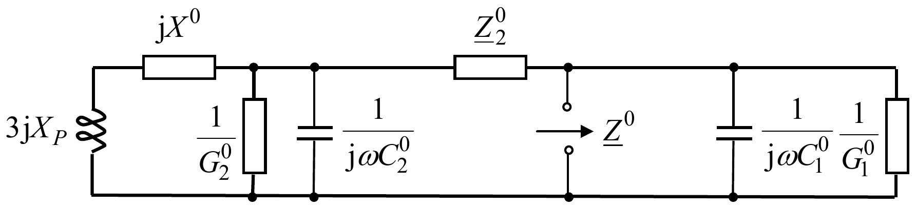 Zamenska šema nultog redosleda sa kompenzacijom: prigušnica 3jX_P na početku, pa reaktansa jX^0, otočne grane 1/G2^0 i 1/jωC2^0, impedansa Z2^0, mesto kvara sa kog se vidi Z^0 i otočne grane 1/jωC1^0 i 1/G1^0.