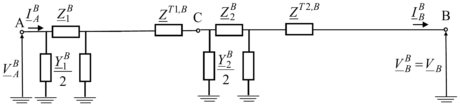 Zamenska šema svedena na naponski nivo tačke B: bez idealnih transformatora, sa veličinama Z1^B, Y1^B/2, Z^T1,B, Z2^B, Y2^B/2 i Z^T2,B, naponom V_A^B i strujom I_A^B na početku i V_B^B = V_B na kraju.